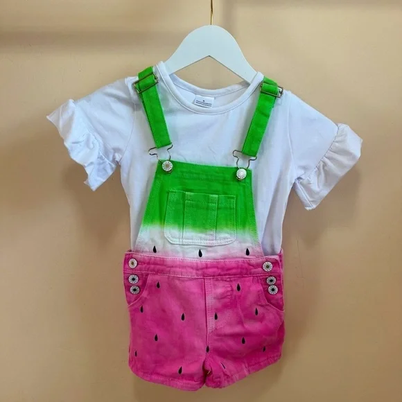 NWOT Girls Watermelon Overall Shorts With White Tee Set Size 6 / XL - Picture 1 of 12